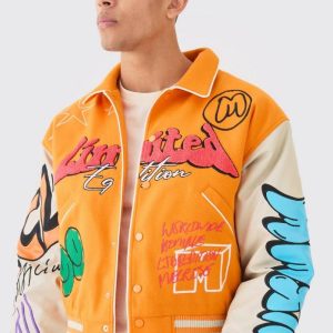 Boxy Fit Graffiti Yellow Varsity Jacket