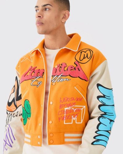 Boxy Fit Graffiti Yellow Varsity Jacket