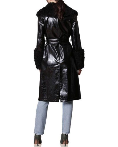 Avec Les Filles Belted Faux Fur Trim Black Leather Trench Coat