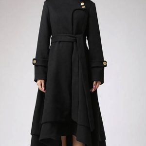Women’s Asymmetrical Hem Black Swing Wool Coat