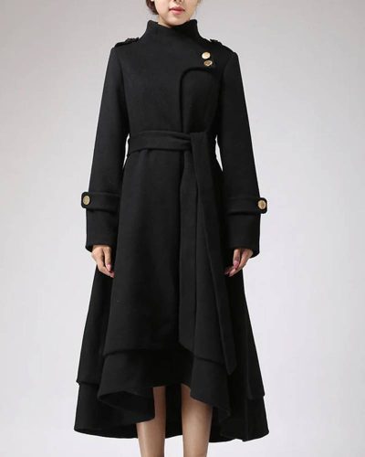 Women’s Asymmetrical Hem Black Swing Wool Coat