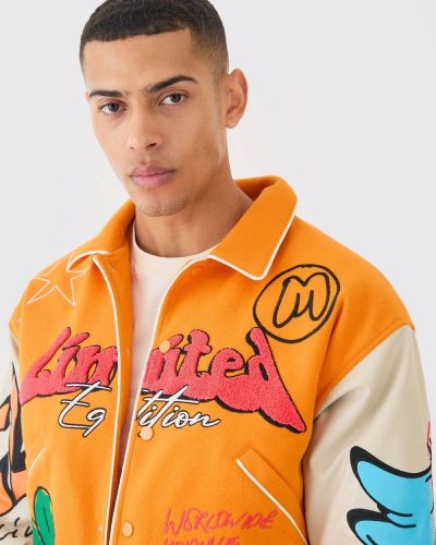 Boxy Fit Graffiti Yellow Varsity Jacket
