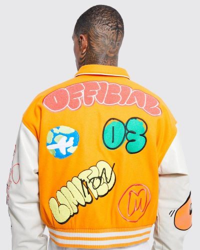 Boxy Fit Graffiti Yellow Varsity Jacket