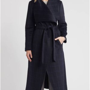 Bcbg Black Blue Plaid Scarlet Long Wrap Coat