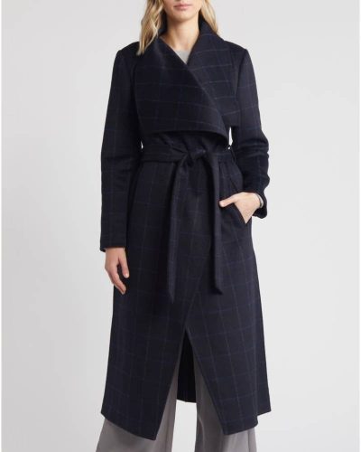 Bcbg Black Blue Plaid Scarlet Long Wrap Coat