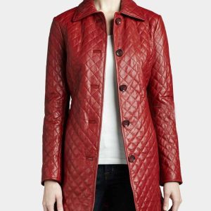 Women’s Quilted Red Mid Length Leather Coat