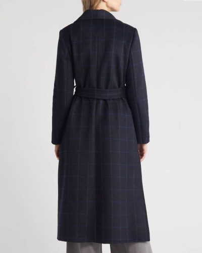Bcbg Black Blue Plaid Scarlet Long Wrap Coat