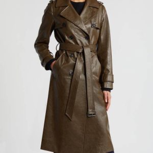 BCBGMAXAZRIA Belted Double Breasted Army Green Faux Leather Trench Coat
