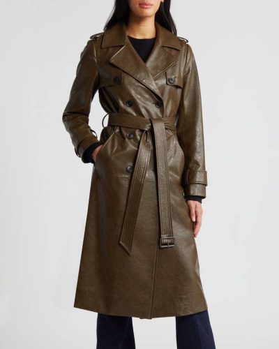 BCBGMAXAZRIA Belted Double Breasted Army Green Faux Leather Trench Coat