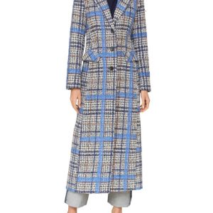 Avec Les Filles Grey And Blue Plaid Tweed Long Coat