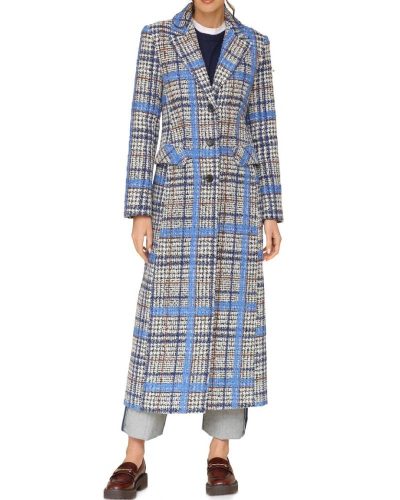 Avec Les Filles Grey And Blue Plaid Tweed Long Coat