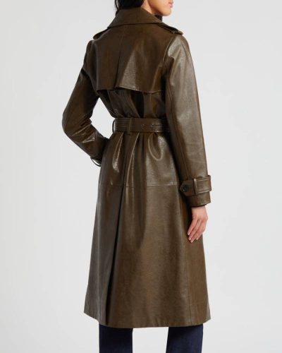 BCBGMAXAZRIA Belted Double Breasted Army Green Faux Leather Trench Coat