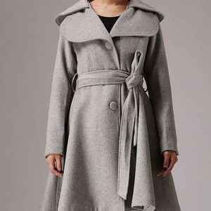 Women’s Mid-length Gray Belted Wool Coat