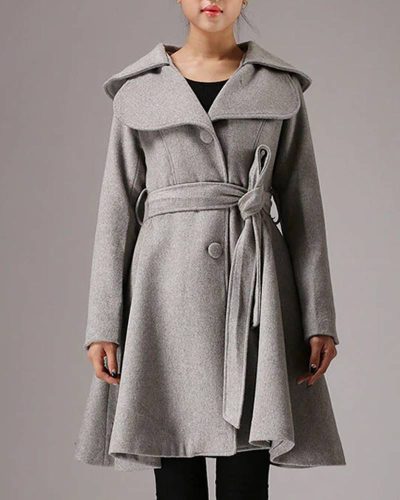 Women’s Mid-length Gray Belted Wool Coat