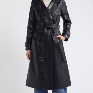 BCBGMAXAZRIA Belted Double Breasted Black Faux Leather Trench Coat
