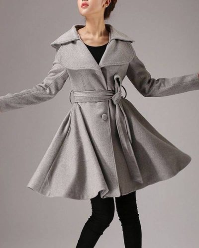 Women’s Mid-length Gray Belted Wool Coat