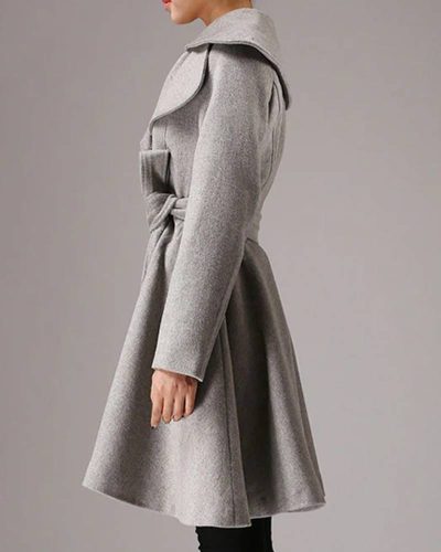 Women’s Mid-length Gray Belted Wool Coat