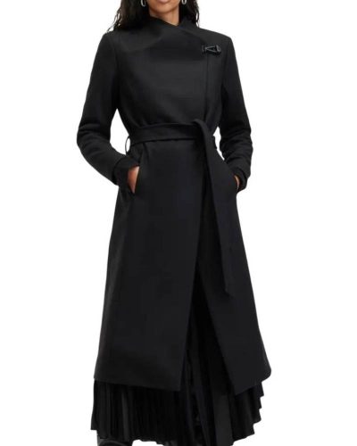 All Saints Riley Black Wool Blend Belted Coat