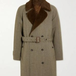 Belted Shearling Trimmed Wool Coat