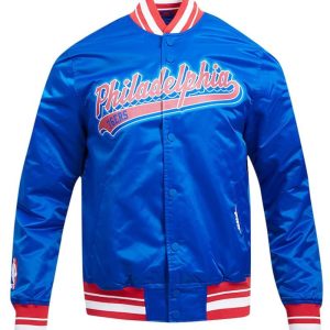 Philadelphia 76ers Script Tail Royal Satin Jacket