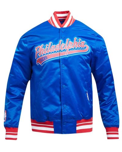 Philadelphia 76ers Script Tail Royal Satin Jacket