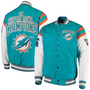 Men's G-iii Sports By Carl Banks Aqua/white Miami Dolphins Home Team Cotton Canvas Varsity Jacket