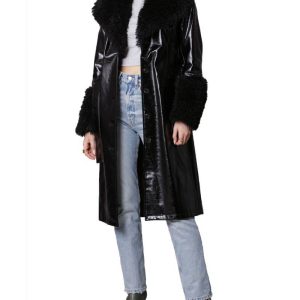 Avec Les Filles Belted Faux Fur Trim Black Leather Trench Coat