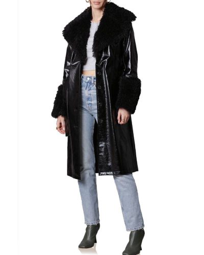 Avec Les Filles Belted Faux Fur Trim Black Leather Trench Coat