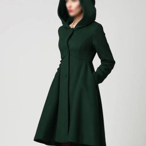 Women’s Forest Green Swing Hooded Wool Coat