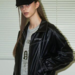 NF Glossy Stitch Leather Jacket