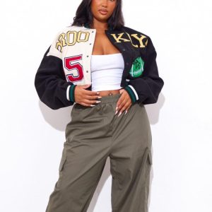 Plus Black Wool Look Graphic Front Cropped Bomber Jacket
