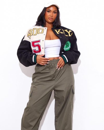 Plus Black Wool Look Graphic Front Cropped Bomber Jacket