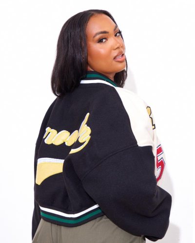 Plus Black Wool Look Graphic Front Cropped Bomber Jacket