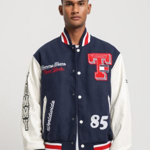 College Relaxed Baseball Letterman Navy Jacket