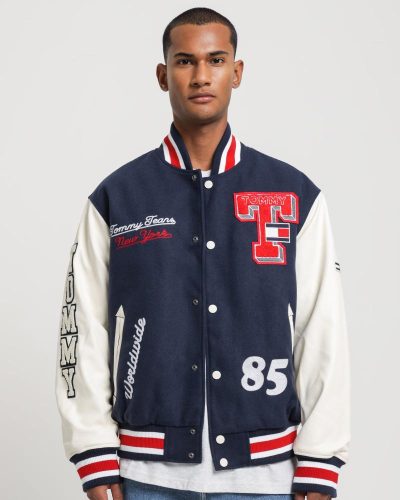 College Relaxed Baseball Letterman Navy Jacket