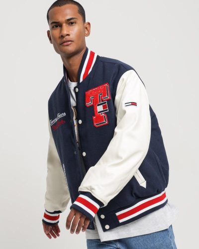 College Relaxed Baseball Letterman Navy Jacket